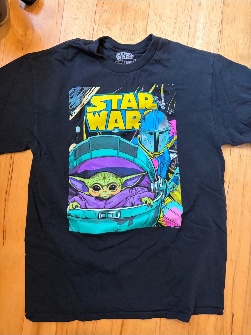 Star Wars Black Tee with Neon Grogu and Mando Artwork